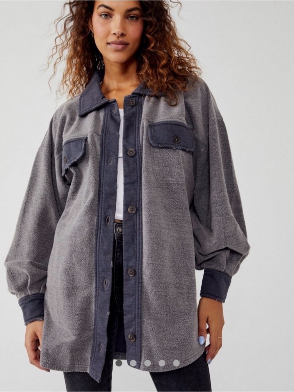 Free People Gray Teddy Shacket with Dark Trim - Picture 1 of 4